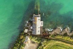 Aerial view of Hawkers Cove, old Padstow lifeboay station, Padstow, Cornwall, UK.