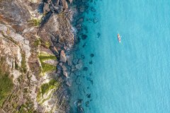 Aerial view of Trebarwith beach at hightide, Tintagel, Cornwall,