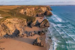 AERIAL view of Bedruthan Steps, St Eval, Cornwall, UK