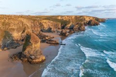 Aerial view of Bedruthan Steps, St Eval, Cornwall, UK