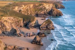 Aerial view of Bedruthan Steps, St Eval, Cornwall, UK
