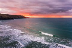 Aerial view of Surfers at Perranporth beach, Cornwall,uk