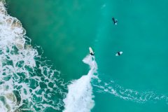 Aerial view of Surfers at Perranporth beach, Cornwall,uk