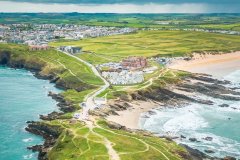 Aerial view of Towan headland, Newquay, Cornwall, UK.