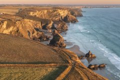 Aerial view of Bedruthan Carnewas beach, Cornwall, UK.