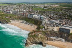 Aerial view of Great Western Beach, Newquay, Cornwall, UK.