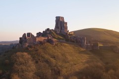 Aerial view of Corfe Castle, Dorset, UK.